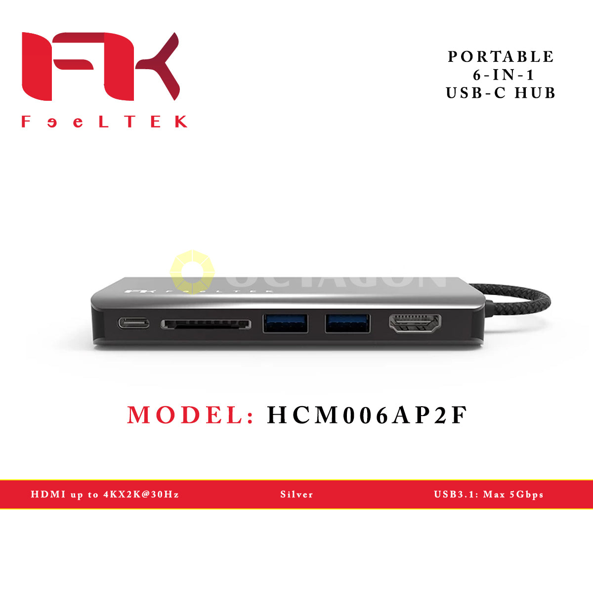 FEELTEK PORTABLE 6-IN-1 USB-C HUB SILVER