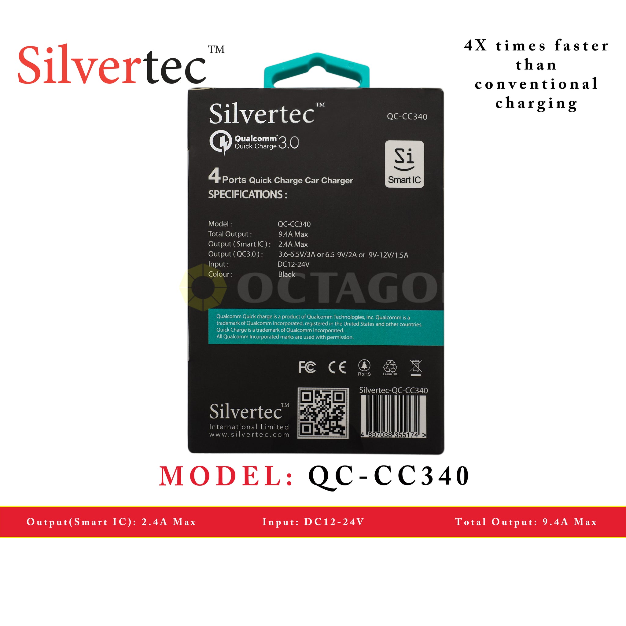 SILVERTEC QC-CC340 BLACK QC3.0 4-USB