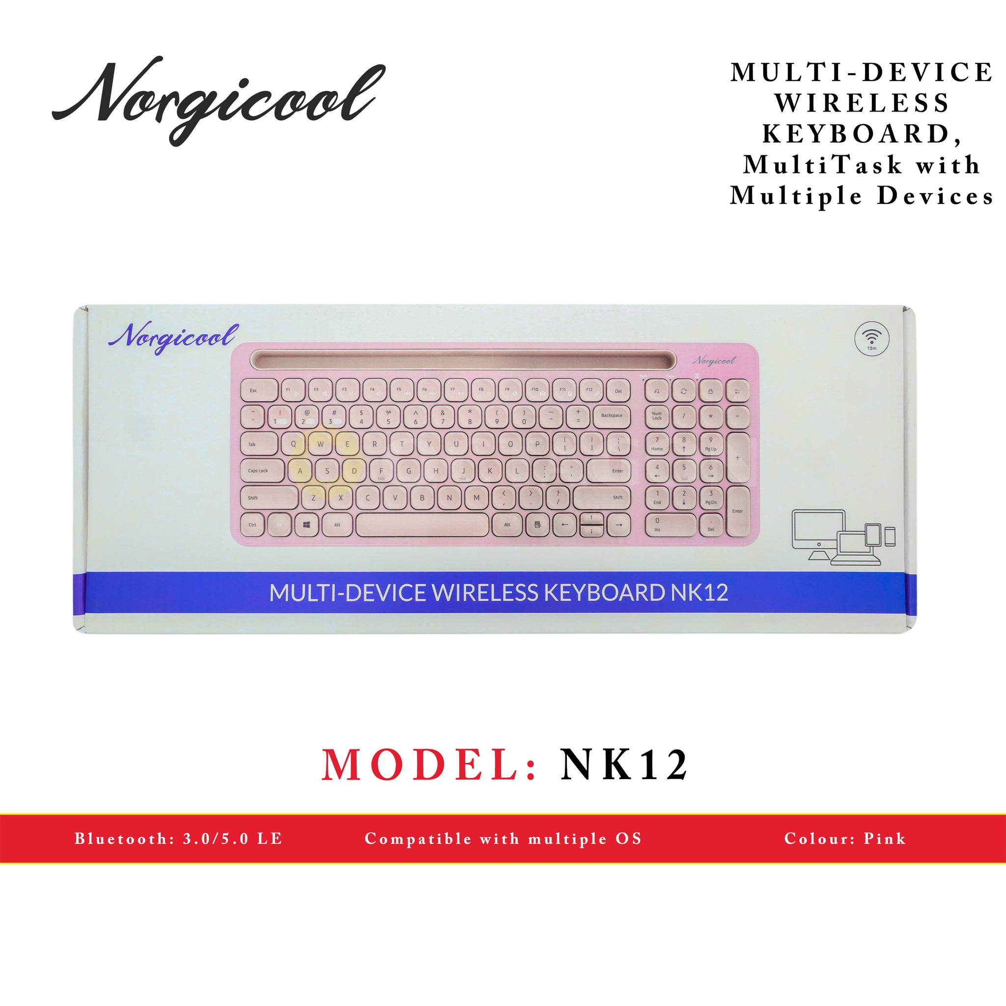 NORGICOOL NK12-PK WL/BT KEYBOARD MULTI-DEVICE PINK